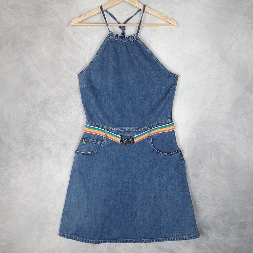 Love Moschino Dress Womens 8 Blue Denim Halter Mini Rainbow Belt Logo Pocket